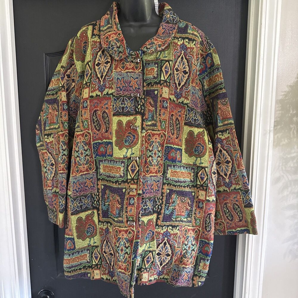 Vintage White Stag Plus Tapestry Jacket 26W 28W Boho Patchwork Coat